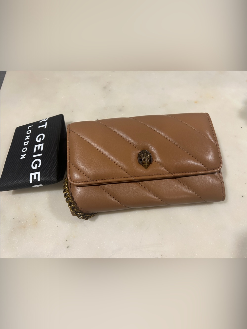 Kurt Geiger Caramel Quilted Mini Chain Crossbody Wallet